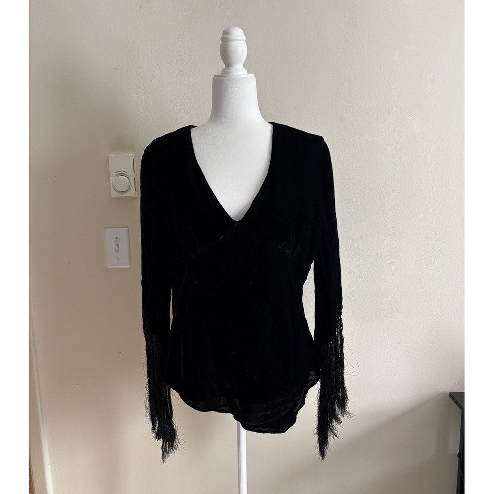 Vintage Whimsigoth Velvet Fringe Top V Neck Carole Little XL 90s‎ 2000s Witchy